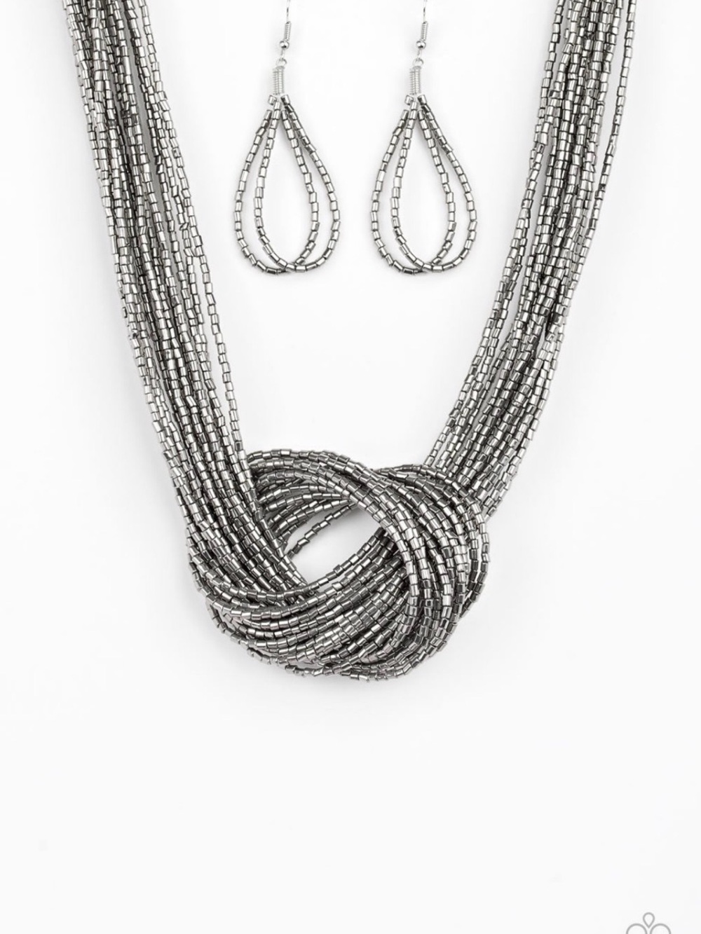 Silver double knotted Beaded Necklace with Matching Drops